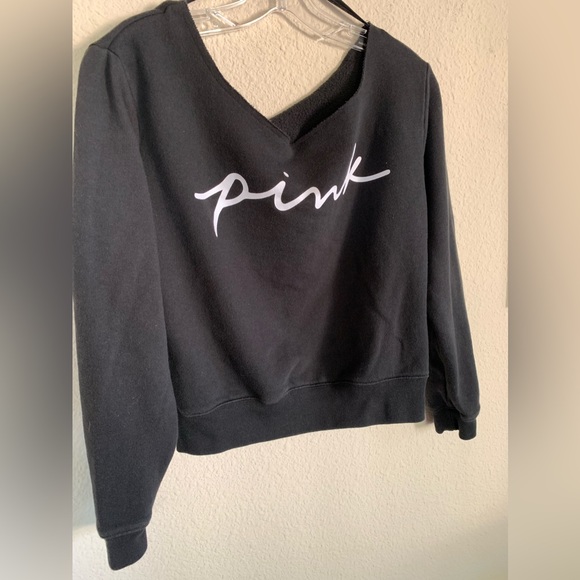 Pink Victoria’s Secret Logo Black Wide Neck Cropped Long Sleeve Sweatshirt - Picture 2 of 13